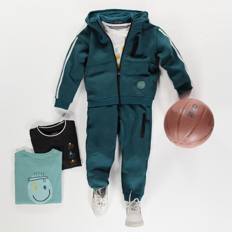 Chandail turquoise à capuchon de coupe décontractée en jersey double-face, enfant || Turquoise hooded sweater with relaxed fit in double-faced jersey, child