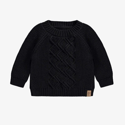 Chandail de maille noir au motif tressé en coton, bébé || Black knitted sweater with braided pattern in cotton, baby