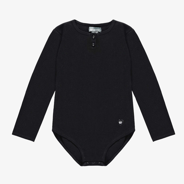 Body noir à manches longues en maille côtelée extensible, enfant || Pink bodysuit with long sleeves in stretch ribbed knit, child