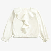 Blouse blanche à col jabot et manches longues en modal effet satiné, enfant || White blouse with jabot collar and long sleeves in modal satin effect, child