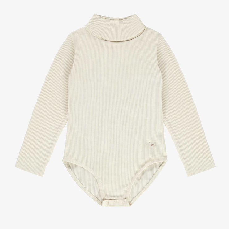 Justaucorps crème à col roulé en tricot côtelé irrégulier, enfant || Cream body with turtleneck collar in irregular rib, child