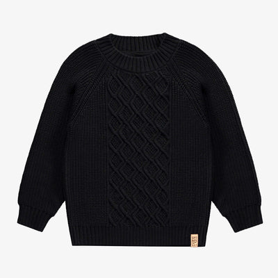 Chandail de maille noir au motif tressé en coton, enfant || Black knitted sweater with braided pattern in cotton, child