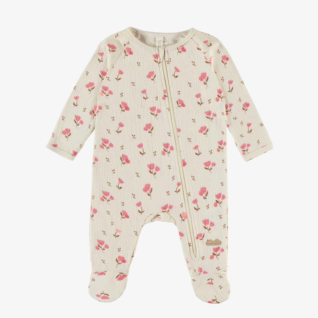 Cream pajama with pink flowers in organic crinkle jersey, newborn