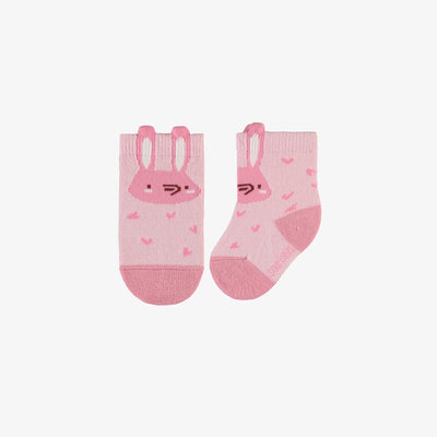 Chaussettes extensibles roses avec lapin, naissance || Pink stretch socks with rabbit, newborn
