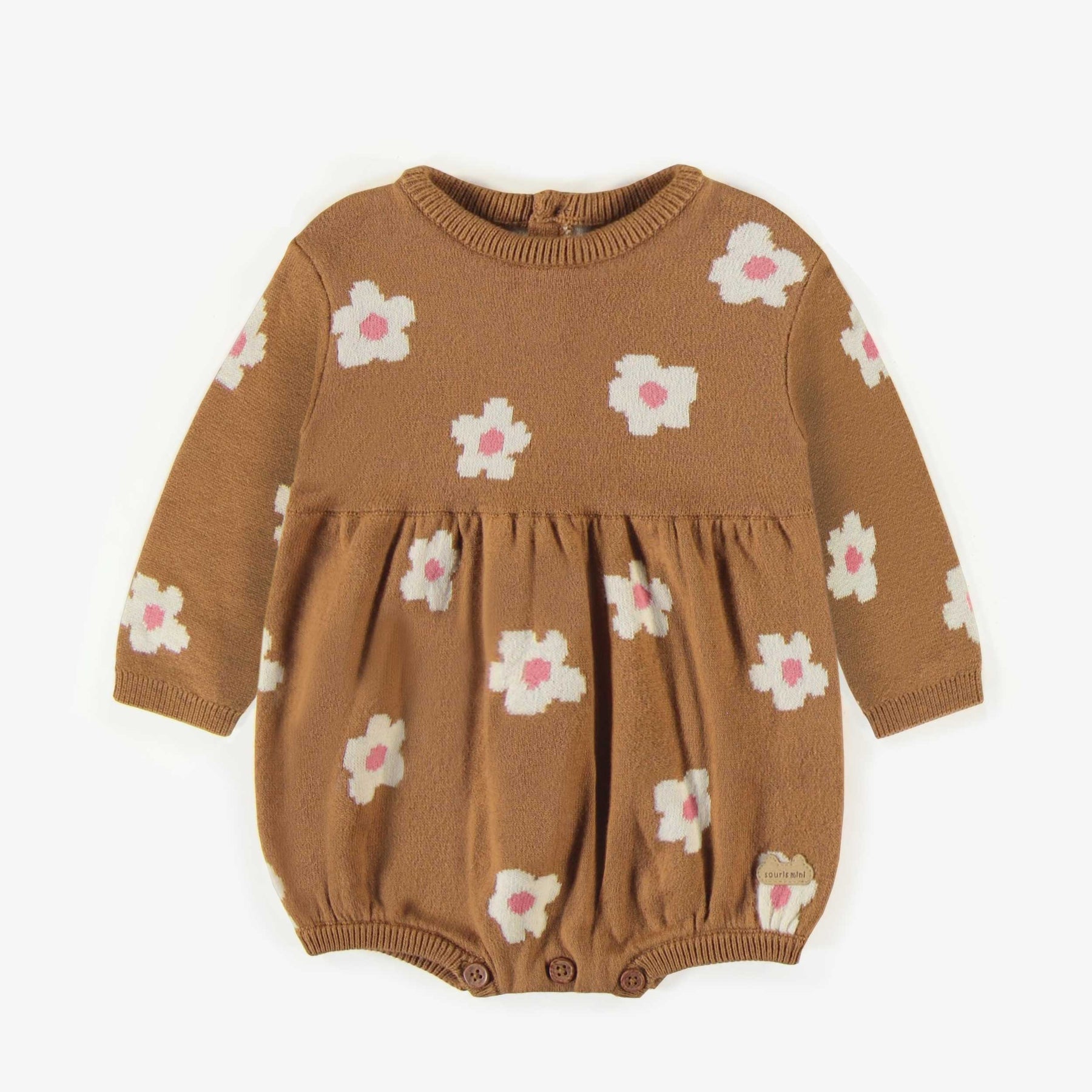 Brown puffy one-piece with flowers pattern in knit, newborn