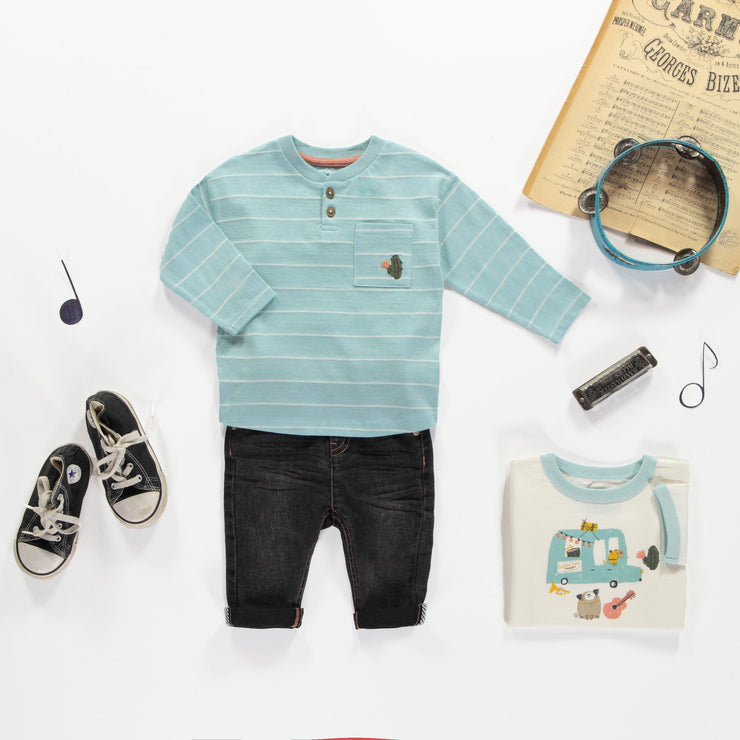 T-shirt à manches longues bleu-vert à rayures avec col henley en jersey, bébé || Blue-green striped long sleeves t-shirt with henley collar in jersey, baby