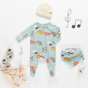 Pyjama une pièce bleu cendré avec chiens en jersey, naissance || Ash blue one-piece pajamas with dog print in jersey, newborn