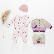 Pyjama une pièce lavande à motifs de canetons en jersey crêpé, naissance || Lavender one piece pajamas with ducks print in crinkle jersey, newborn