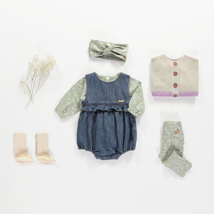 Cache-couche vert sauge fleuri en jersey, naissance || Sage green bodysuit with flowers in jersey, newborn