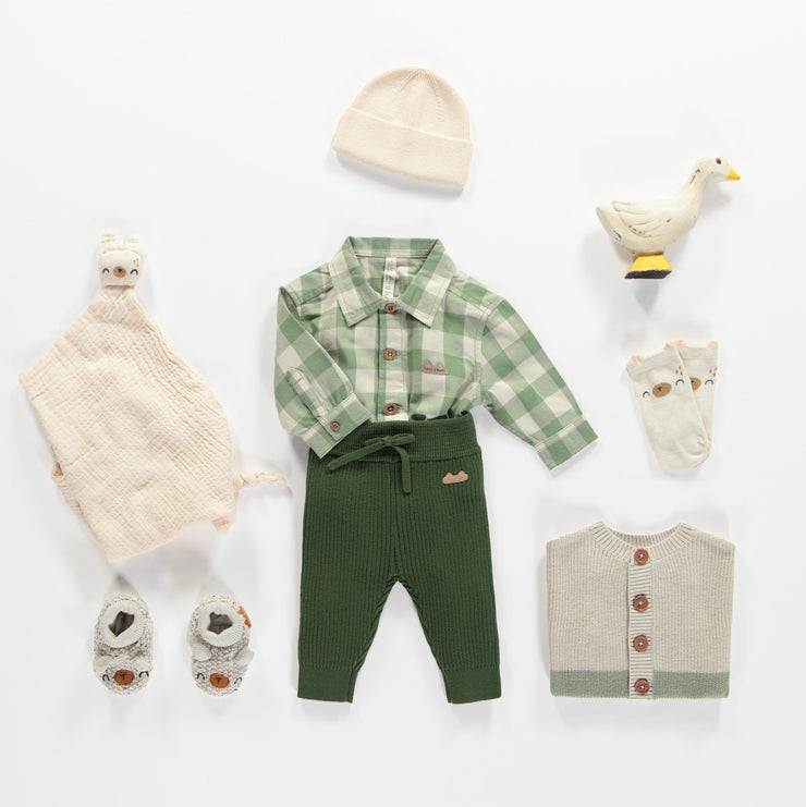 Chemise cache-couche verte et crème à carreaux en flanelle brossée, naissance || Green and cream plaid bodysuit shirt in brushed flannel, newborn