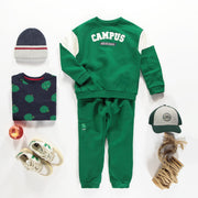 Chandail en coton ouaté brossé vert coupe ample , enfant || Green brushed french fleece loose-fitting sweater, child