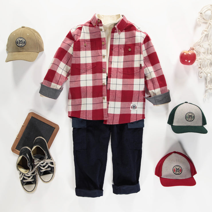 Chemise rouge et crème à carreaux en flanelle de coton, enfant || Red and cream plaid shirt in cotton, child