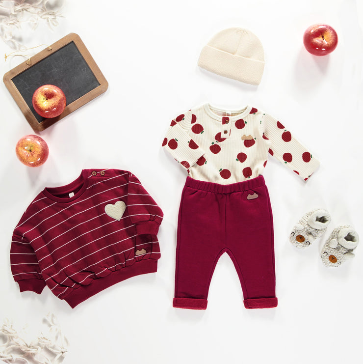 Chandail rouge rayé en coton ouaté, naissance || Red brushed french fleece striped sweater, newborn