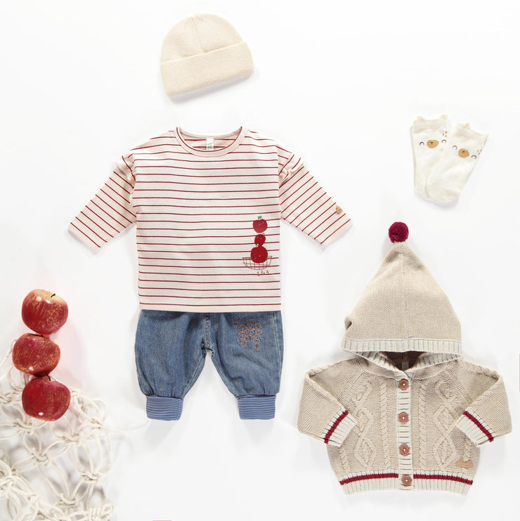 T-shirt crème rayé à manches longues avec volants et illustration de pommes en coton, naissance || Long-sleeved striped cream t-shirt with ruffles and apple illustration in cotton, newborn