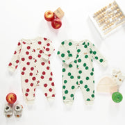 Pyjama crème une pièce à motifs de pommes rouges en tricot côtelé, naissance || Cream one piece pajama with red apples print in ribbed knit, newborn