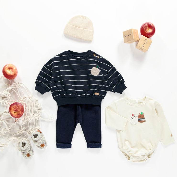 Chandail marine rayé en coton ouaté brossé, naissance ||Navy brushed french fleece striped sweater, newborn