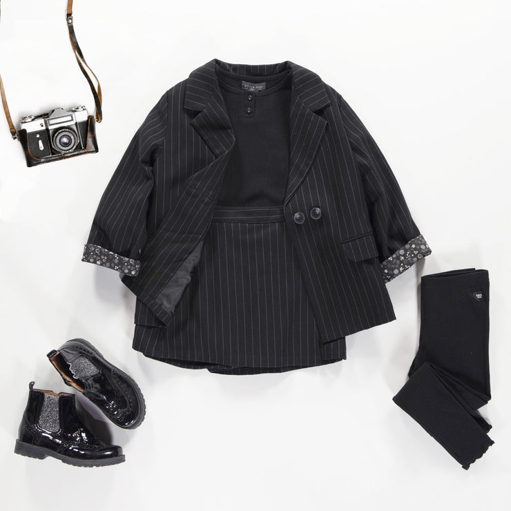 Justaucorps noir à manches longues en tricot côtelée extensible, enfant || Black bodysuit with long sleeves in stretch ribbed knit, child