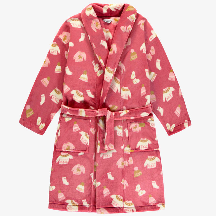 Robe de chambre rose à motif automnal en peluche, adulte || Pink dressing gown with autumnal all over print in plush, adult