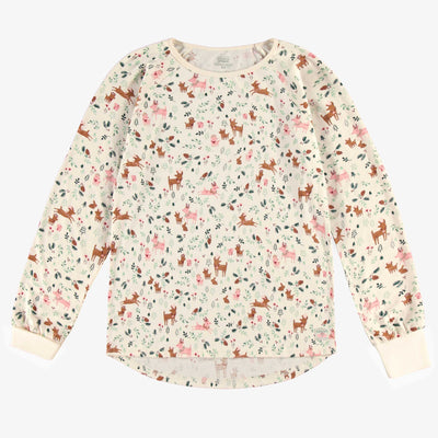 Haut de pyjama des fêtes crème en jersey à motifs de rennes, adulte || Cream holiday pajama top in jersey with reindeer all over print, adult