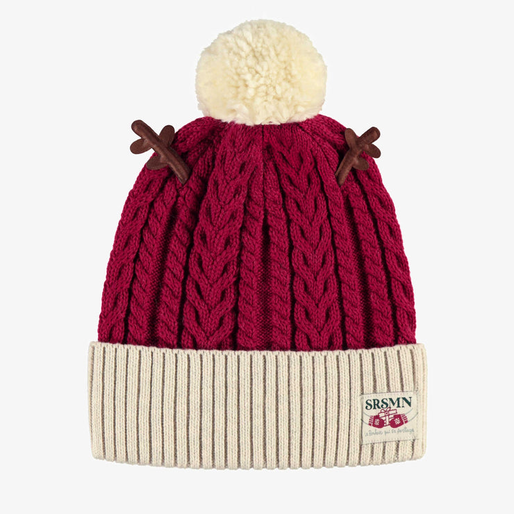 Tuque de maille rouge et crème avec bois de renne, adulte || Red and cream knit toque with reindeer antlers, adult