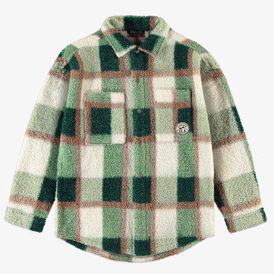 Surchemise à carreaux verts, crème et bruns en sherpa, adulte || Green, cream and brown sherpa plaid overshirt, adult