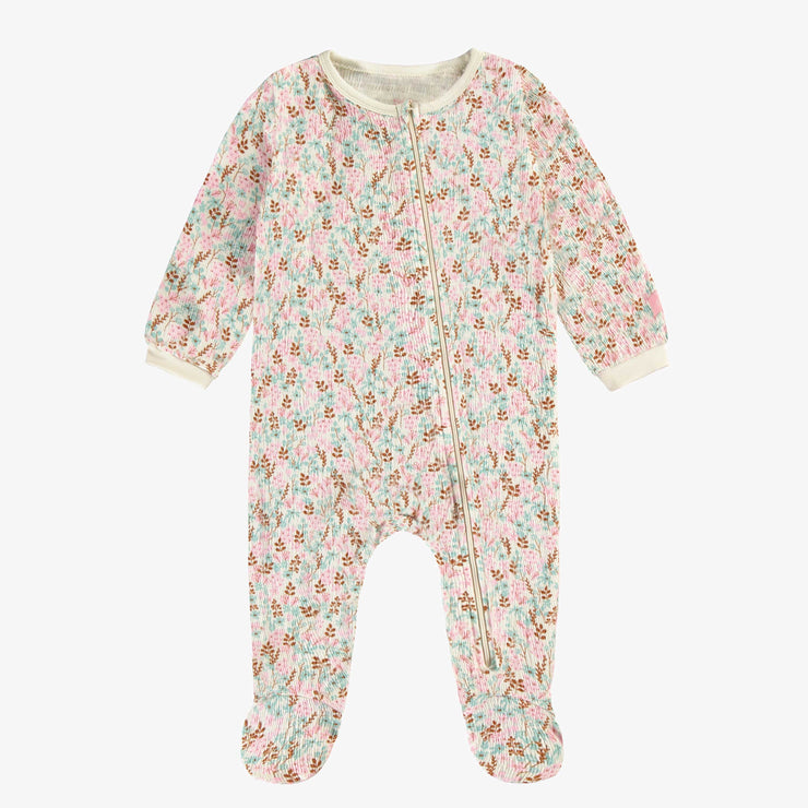 Pyjama crème une pièce fleuri en doux jersey de coton froissé, bébé || Cream floral one piece pyjamas in soft crinkled cotton jersey, baby