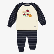 Pyjama deux-pièces marine et crème rayé avec illustration en jersey, bébé || Two pieces navy and cream striped pyjamas with illustration in jersey, baby