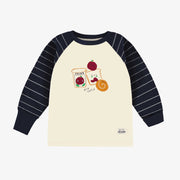 Pyjama deux-pièces marine et crème rayé avec illustration en jersey, bébé || Two pieces navy and cream striped pyjamas with illustration in jersey, baby