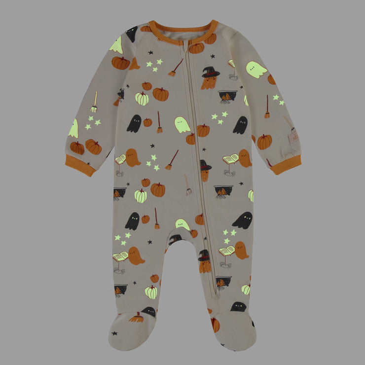 Pyjama crème à motifs d'Halloween phosphorescents en jersey, bébé || Cream pyjamas with phosphorescent Halloween all over print in jersey, baby