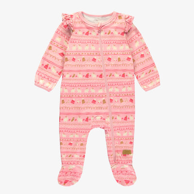 Pyjama une pièce rose à motif automnal en doux polyester, bébé || Pink one-piece pajamas with autumnal all over print in soft polyester, baby