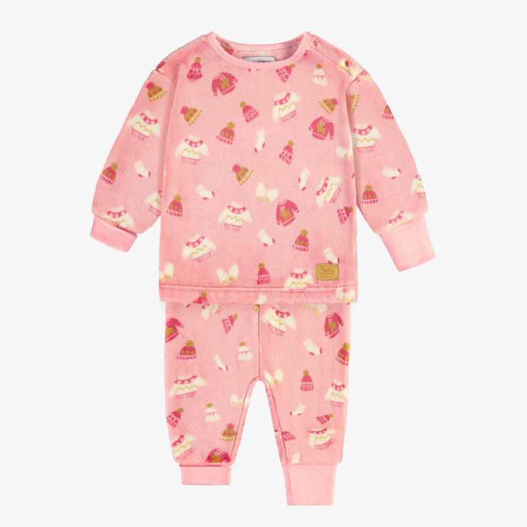 Pyjama deux pièces rose à motif automnal en peluche, bébé || Pink two piece pajamas with autumnal all over print in plush, baby