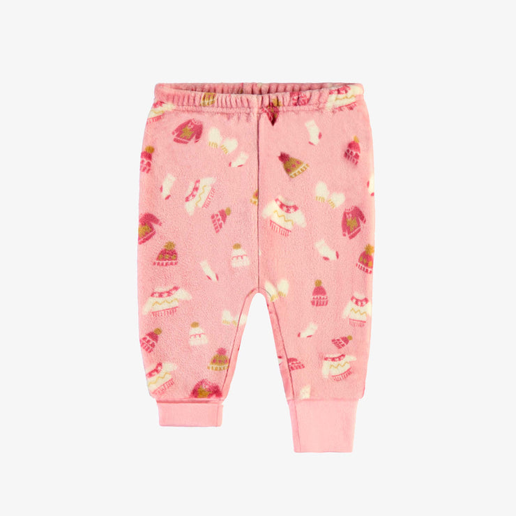 Pyjama deux pièces rose à motif automnal en peluche, bébé || Pink two piece pajamas with autumnal all over print in plush, baby