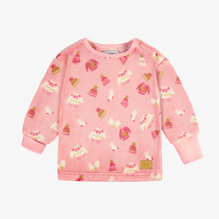 Pyjama deux pièces rose à motif automnal en peluche, bébé || Pink two piece pajamas with autumnal all over print in plush, baby