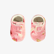 Pantoufles roses à motif automnal en peluche, bébé || Pink slippers with autumnal all over print in plush, baby