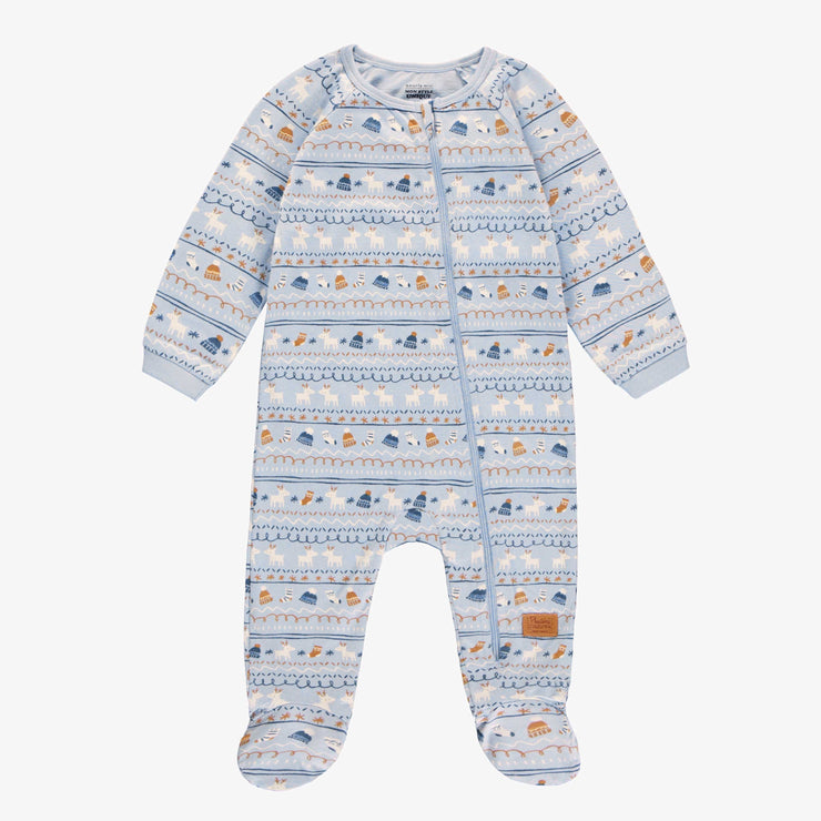 Pyjama une pièce bleu à motif automnal en doux polyester, bébé || Blue one-piece pajamas with autumnal all over print in soft polyester, baby