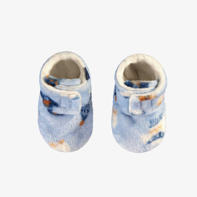 Pantoufles bleues à motif automnal en peluche, bébé || Blue slippers with autumnal all over print in plush, baby