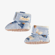 Pantoufles bleues à motif automnal en peluche, bébé || Blue slippers with autumnal all over print in plush, baby