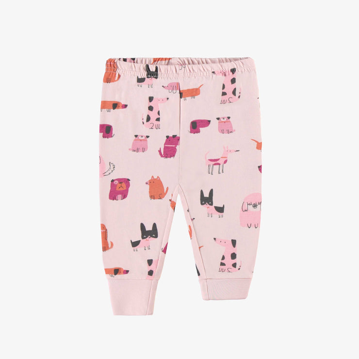 Pyjama deux pièces rose à motifs de chiens en jersey, bébé || Pink two piece pajamas with dog all over print in jersey, baby