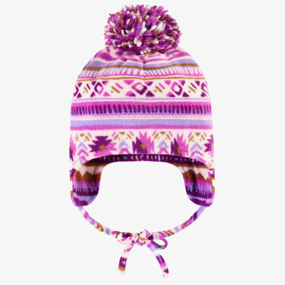 Tuque rose et mauve à motifs avec pompon en polar, bébé || Pink and purple patterned toque with pompom in fleece, baby