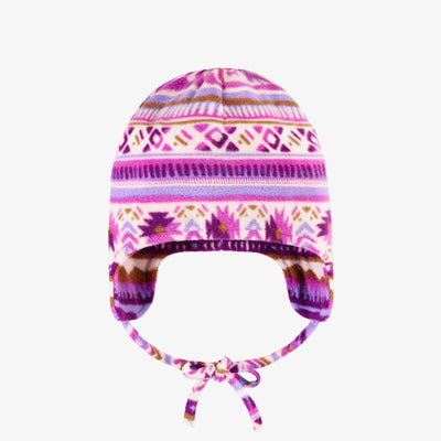 Pink and purple patterned toque with pompom in fleece, baby