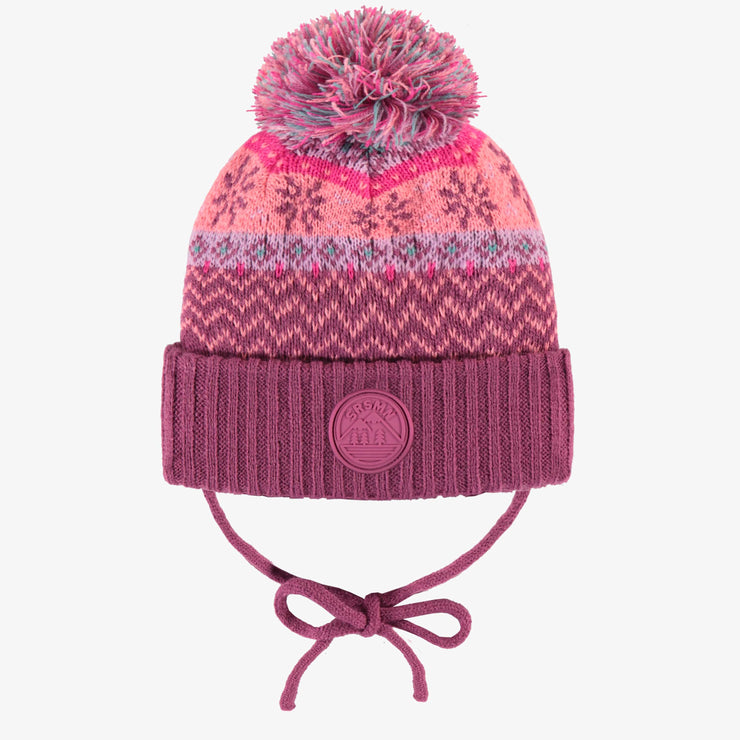 Tuque de maille mauve, rose, pêche et turquoise à motifs avec pompon, bébé || Purple, pink, peach and turquoise toque with print and pompon, baby