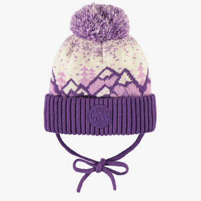 Tuque de maille mauve et crème à motifs avec pompom, bébé || Purple and cream and turquoise toque with print and pompon, baby