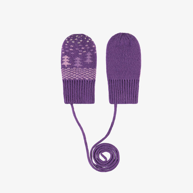 Mitaines mauves à motifs avec cordon en maille, bébé || Purple knitted mittens with print and cord, baby