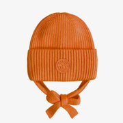 Tuque de maille orange avec cordon, bébé || Orange knit toque with cords, baby