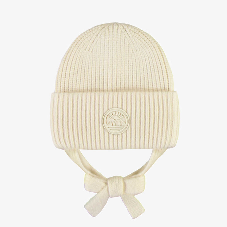 Tuque de maille crème avec cordon, bébé || Cream knit toque with cords, baby