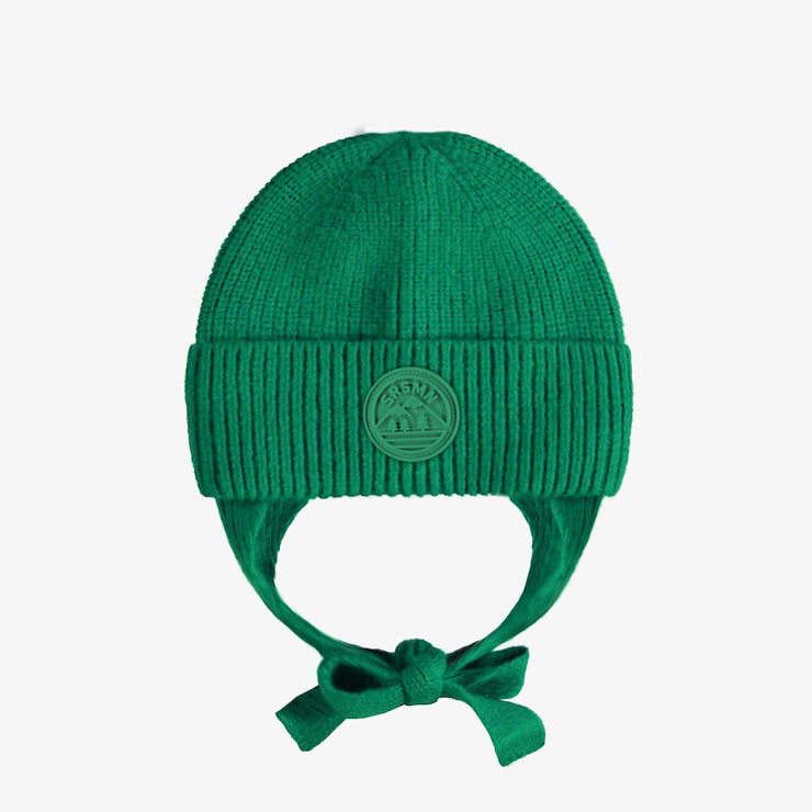 Tuque de maille verte avec cordon, bébé || Green knit toque with cords, baby