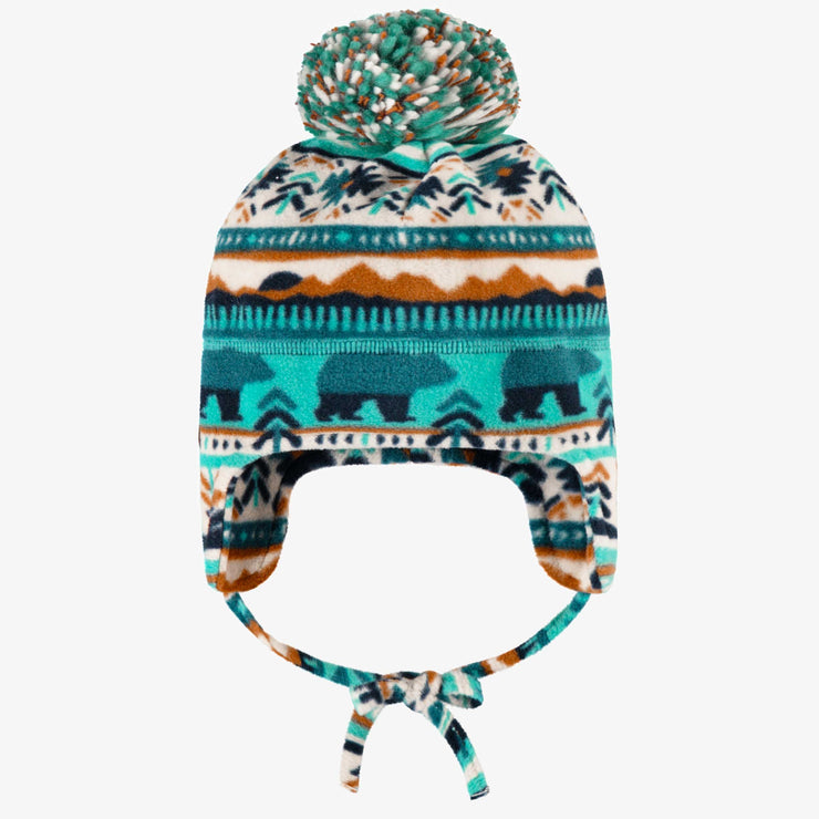 Tuque turquoise et crème à motifs avec pompon en polar, bébé || Turquoise and cream patterned toque with pompom in fleece, baby