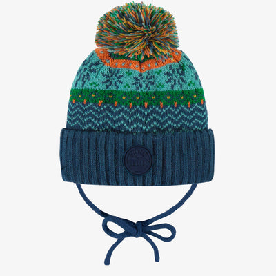 Tuque de maille bleu, vert, orange et turquoise à motifs avec pompon, bébé || Blue, green, orange and turquoise toque with print and pompon, baby