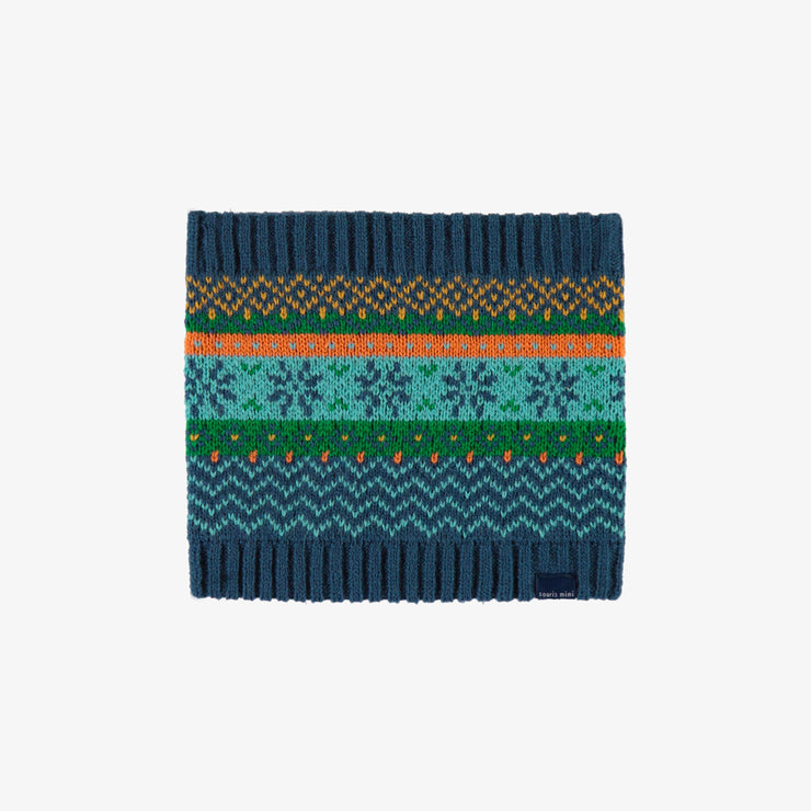 Cache-cou de maille bleu, vert, orange et turquoise à motifs, bébé || Blue, green, orange and turquoise patterned neck warmer, baby