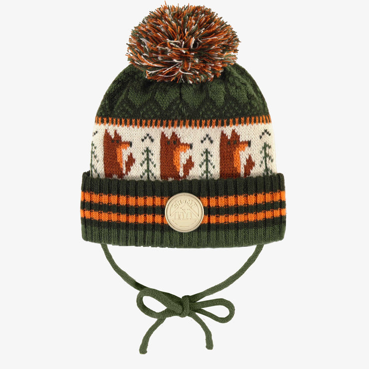 Tuque de maille vert et orange à motifs avec pompon, bébé || Green and orange toque with print and pompon, baby